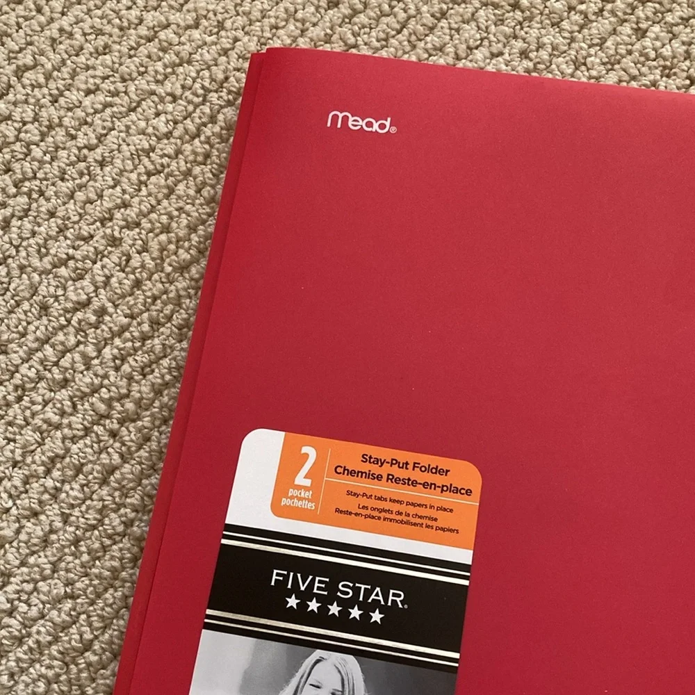 NEW Mead Five Star 2 Pocket Premium Stay Put Folder Red with Dividers Plastic